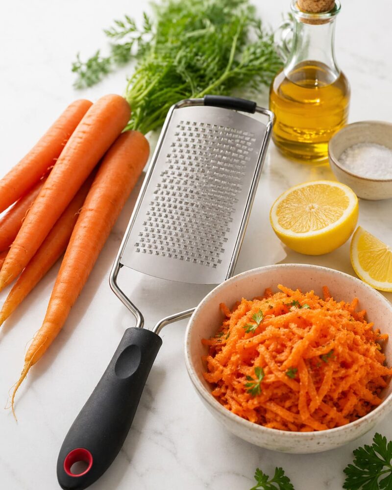 Zanahorias, rallador y aceite de oliva
