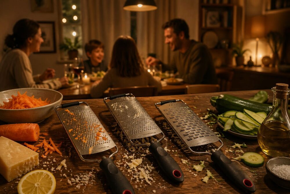 Familia disfrutando de una cena juntos. Con ralladores de acero inoxidable CRC